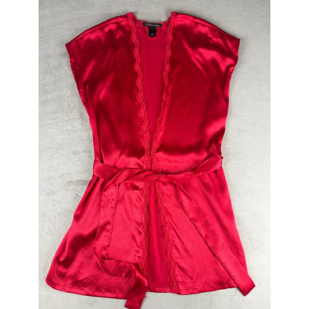 Victorias Secret Red Satin Lace Trim Robe Short Kimono Cap Sleeve Small